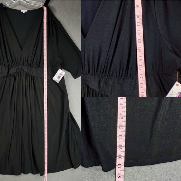Kiyonna Midi Dress sz 4 Women Black Gold Metallic 3/4 Sleeve Stretch Ruched NEW - Picture 6 of 11